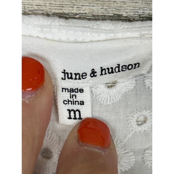 June & Hudson Women’s M White Eyelet Lace Button Front Tie Waist Mini Dress - Picture 5 of 7